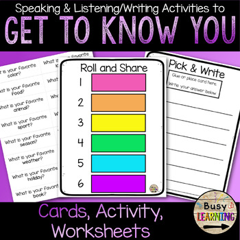 Preview of Get to Know You Cards, Roll & Share, Writing Worksheets, ESL Question of the Day