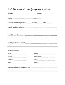 Get to Know You Questionnaire by Kayla Ham | TPT