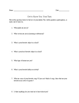 Preview of Get to Know You Worksheet