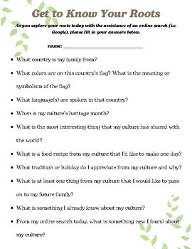 Preview of Cultural Diversity "Get to Know Your Roots" SEL Curriculum / Worksheet