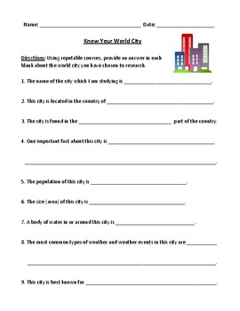 Preview of Famous Foreign Cities: Mini-Research Worksheet In-Class or Homework Assignment