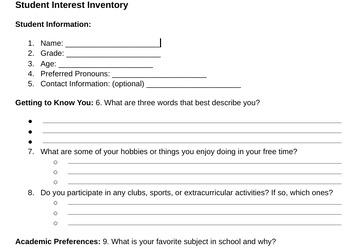 Preview of Get to know you Student Interest Inventory grades 3-6th Back to School