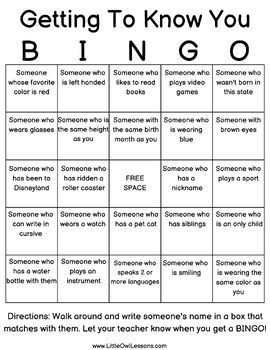 Getting To Know You Bingo (Free) by xLittleOwlLessonsx | TPT
