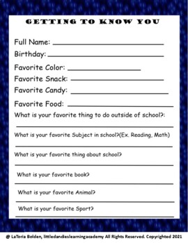 Preview of Getting To Know You- Student Questionaire