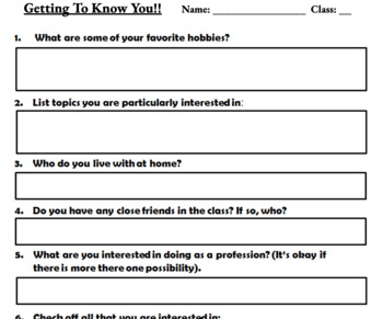 Preview of Getting To Know You Survey!