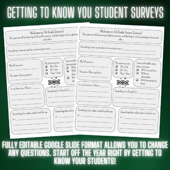 Preview of Getting to Know You Back to School Surveys for Science Class