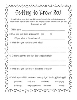 Getting to Know You Beginning of the Year Form by First Grade Adventures