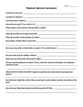 Getting to Know You! Questionnaire for U.S. History Classes by L M