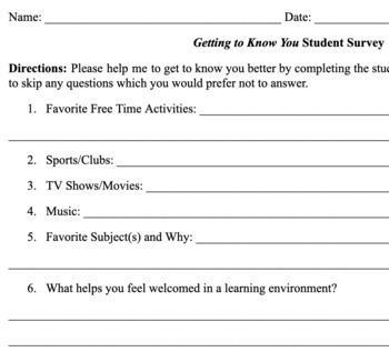 Preview of Getting to Know You Student Survey