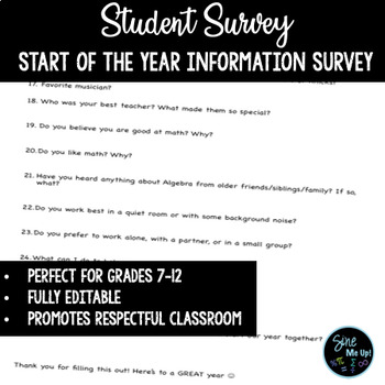 Preview of Getting to Know You Student Interest Survey EDITABLE High School Math