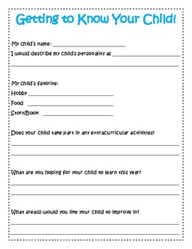 Getting to Know Your Child FREE PARENT QUESTIONNAIRE by Second Grade ...