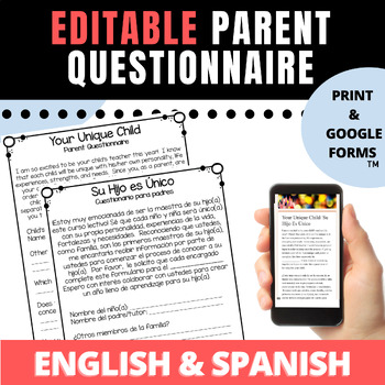 Preview of Getting to Know Your Child Parent Questionnaire Editable English Spanish Survey