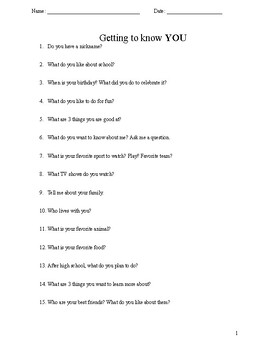 Getting to know YOU questionnaire by LM Speech and Language | TPT