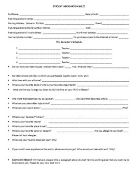 Students information sheet:questions to getting to know them(editable ...