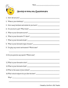 Getting to know you questionnaire by July's ESL material | TpT