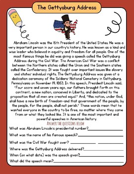 Preview of Gettysburg Address Reading Comprehension Worksheet Q & A FUN! Abraham Lincoln