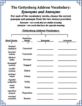 Gettysburg Address Vocabulary And Spelling Grades 5 6 Common Core