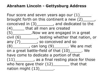 Preview of Gettysburg Address mp4 Video - Fill in the blanks.