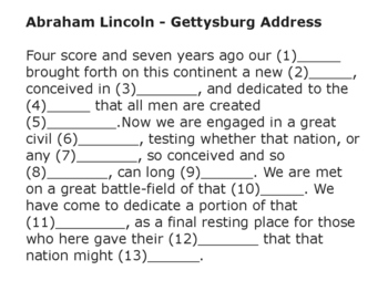 Gettysburg Address Pdf - Abraham Lincoln - Fill In The Blanks Kathy Troxel