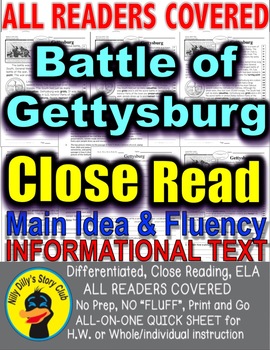 Preview of Gettysburg Close Reading Leveled Passages: Main Idea Fluency Check Print-N-Go!