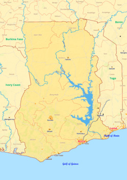 Preview of Ghana map with cities township counties rivers roads labeled