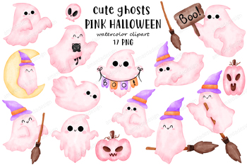 Preview of Ghosts Watercolor Clipart, Ghost clipart, cute ghosts, Pink Halloween