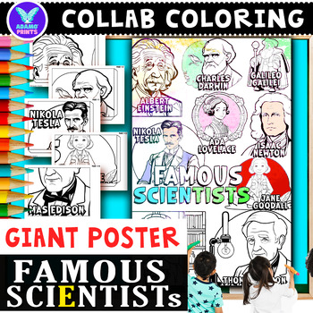 Preview of Giant Collaborative FAMOUS SCIENTISTS Coloring Poster Fun Classroom Activities
