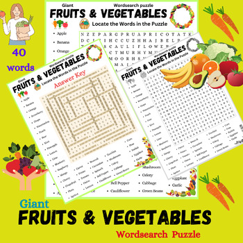 Preview of Giant Fruits & Vegetables Wordsearch puzzle; Fruits and Vegetables Vocabulary