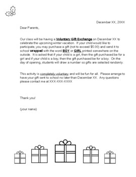 Preview of Gift Exchange Parent Letter