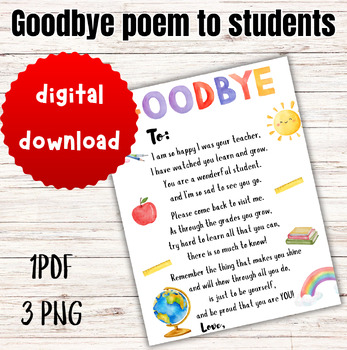 Gift from Teacher, end of school letter, goodbye poem to students, end ...