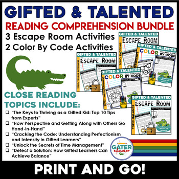 Preview of Gifted and Talented Escape Room | Color by Code | Reading Comprehension BUNDLE