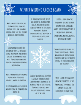Preview of Gifted and Talented Winter Writing Choice Board