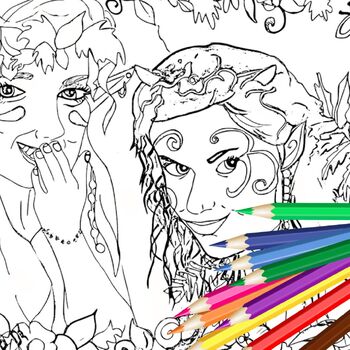 Preview of Giggling And Flirting Fairies Coloring Book Page For Kids And Adults