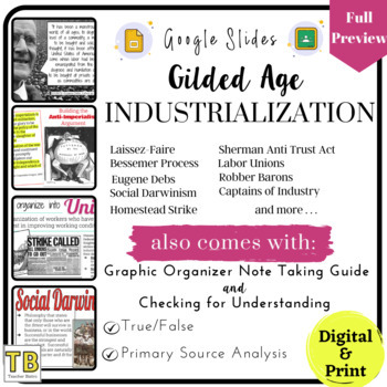 Preview of Gilded Age Industrialization Google Slides with Graphic Organizer & Worksheet