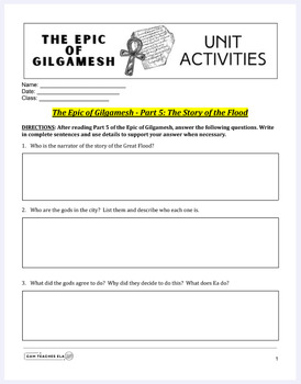 Preview of Gilgamesh: Part 5 The Story of the Flood Questions + Shortened Gilgamesh Text