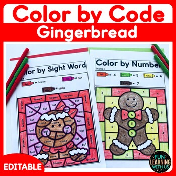Preview of Gingerbread Color by Number | EDITABLE Color by Sight Word & Math Worksheets