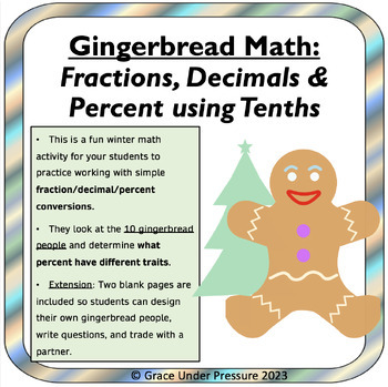 Preview of Christmas Math Worksheet Gr 3 to 6 Gingerbread Man Fractions Decimals & Percent