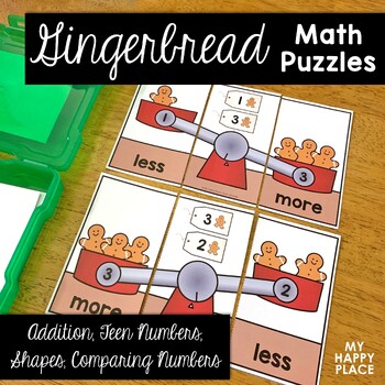 Preview of Gingerbread Math Puzzles - Comparing Numbers, Addition, Shapes, Teen Numbers