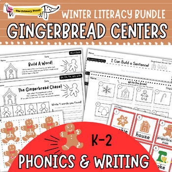 Preview of Gingerbread Phonics & Writing Center Bundle | December K-2 Literacy Centers