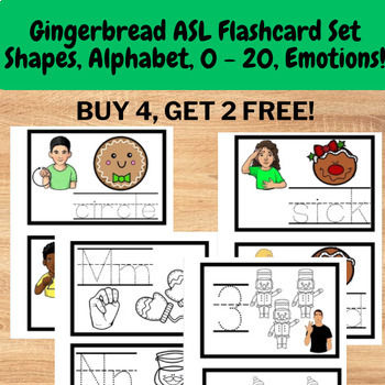 Preview of Gingerbread Preschool ASL Flashcard Set - shapes, alphabet, 0 - 20, & emotions