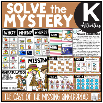 Preview of Gingerbread Solve the Mystery Math & ELA Task Card Activity Kindergarten