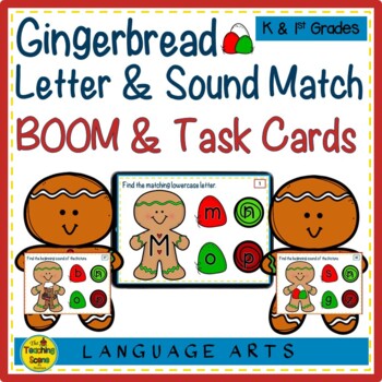 Preview of Gingerbread Upper & Lowercase Letters & Sounds Match BOOM & Task Cards