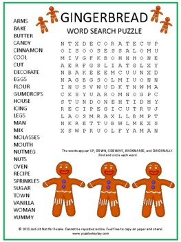 Gingerbread Word Search Worksheet Puzzle Christmas Holiday Activity Game