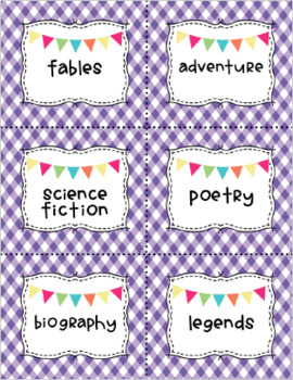 Gingham Library Label Cards by Genre by Moore Teaching at the Beach