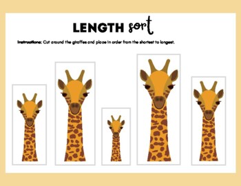 Preview of Giraffe Length Sort, Math, STEM, Measurement, Estimate, Sizes, More/Less