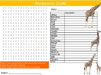 Giraffes Wordsearch Puzzle Sheet Keywords Activity Animals Nature