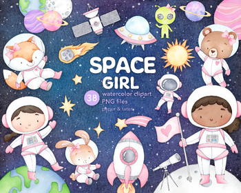 Preview of Girl Astronaut Watercolor Clipart, Space Animals, Space Girl PNG