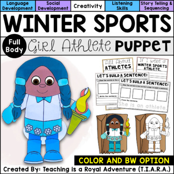 Preview of Girl Athlete Craft | Winter Sports Paper Bag Puppet Template & Writing Activity