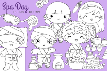 Preview of Girl Kids Doing Beauty Spa Day Treatment Activity Cartoon Digital Stamp Outline