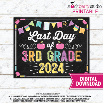 Preview of Girl Last Day of 3rd Grade Sign Pink Printable Third Grade Chalkboard 2024